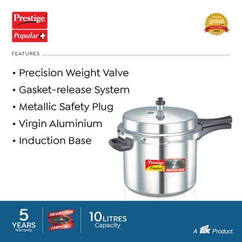 Prestige Popular Plus Virgin Aluminium Induction Base Outer Lid Pressure Cooker, 10 Litres