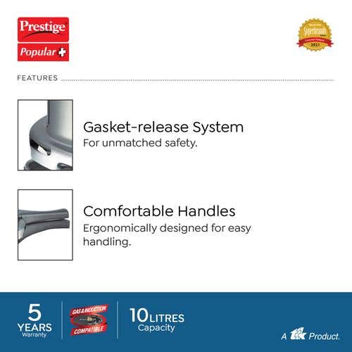 Prestige Popular Plus Virgin Aluminium Induction Base Outer Lid Pressure Cooker, 10 Litres
