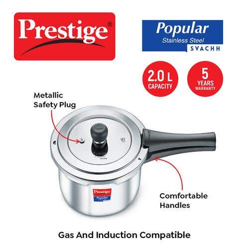 Prestige Popular Svachh Stainless Steel Induction Base Outer Lid Pressure Cooker, 2 Litres