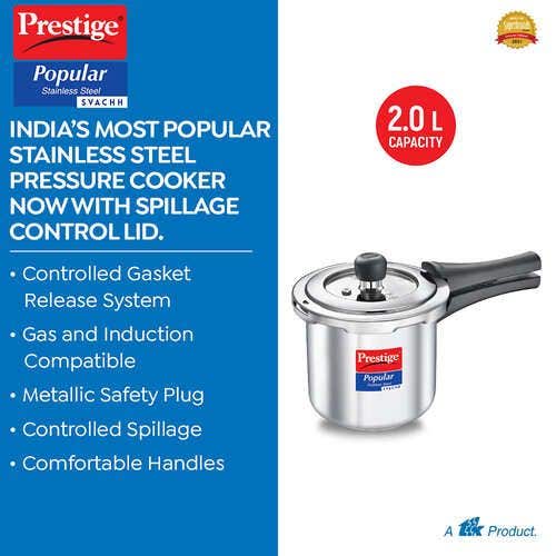 Prestige Popular Svachh Stainless Steel Induction Base Outer Lid Pressure Cooker, 2 Litres