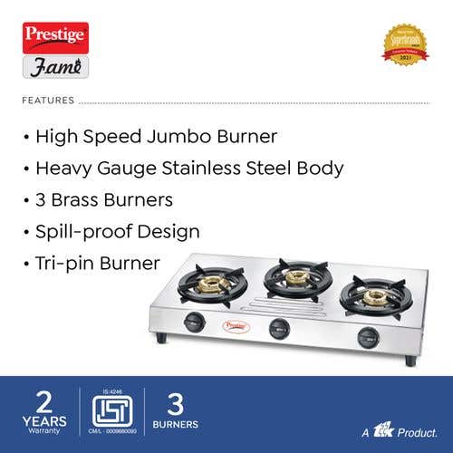 Prestige Fame Stainless Steel Gas Stove, 3 Burner