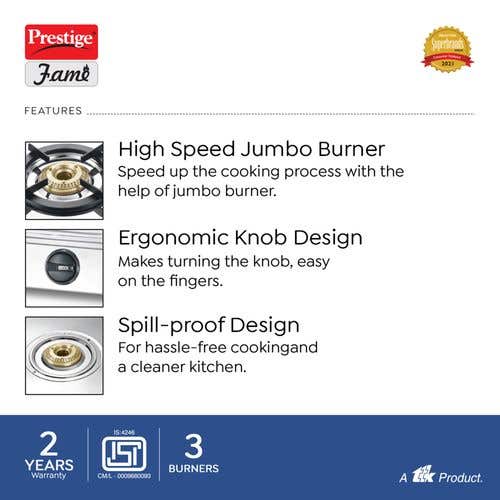 Prestige Fame Stainless Steel Gas Stove, 3 Burner