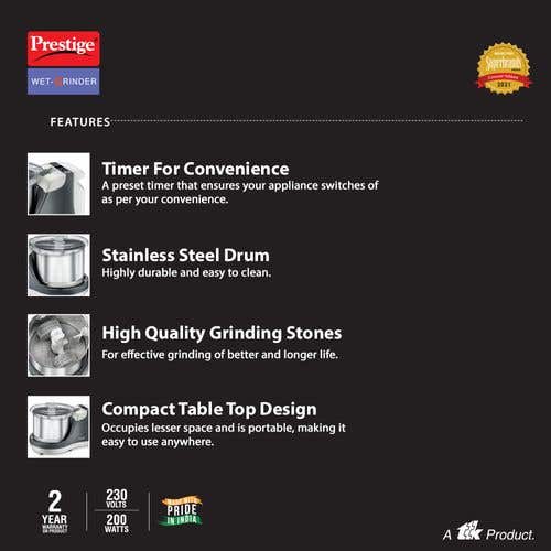Prestige PWG 09 Table Top Wet Grinder with Timer, 2 Litres