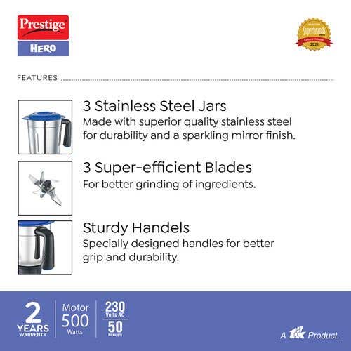 Prestige Hero Mixer Grinder, 500W, 3 Jars