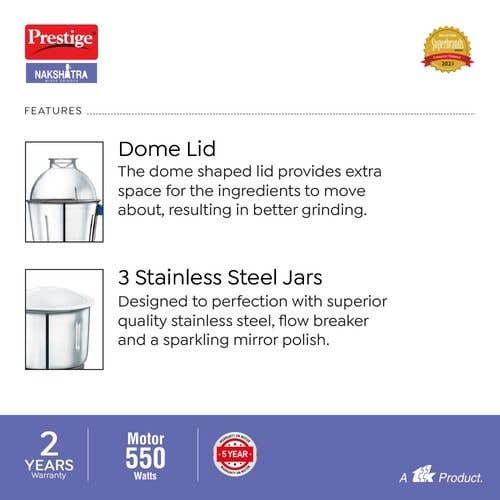 Prestige Nakshatra Mixer Grinder, 550W, 3 Jar