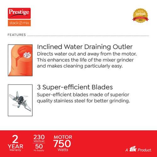 Prestige Stack-O-Mix Mixer Grinder, 750W, 3 Jars
