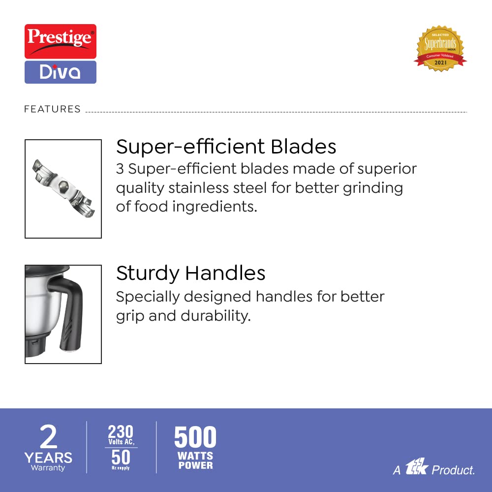 Prestige Diva Mixer Grinder, 500W, 3 Jars