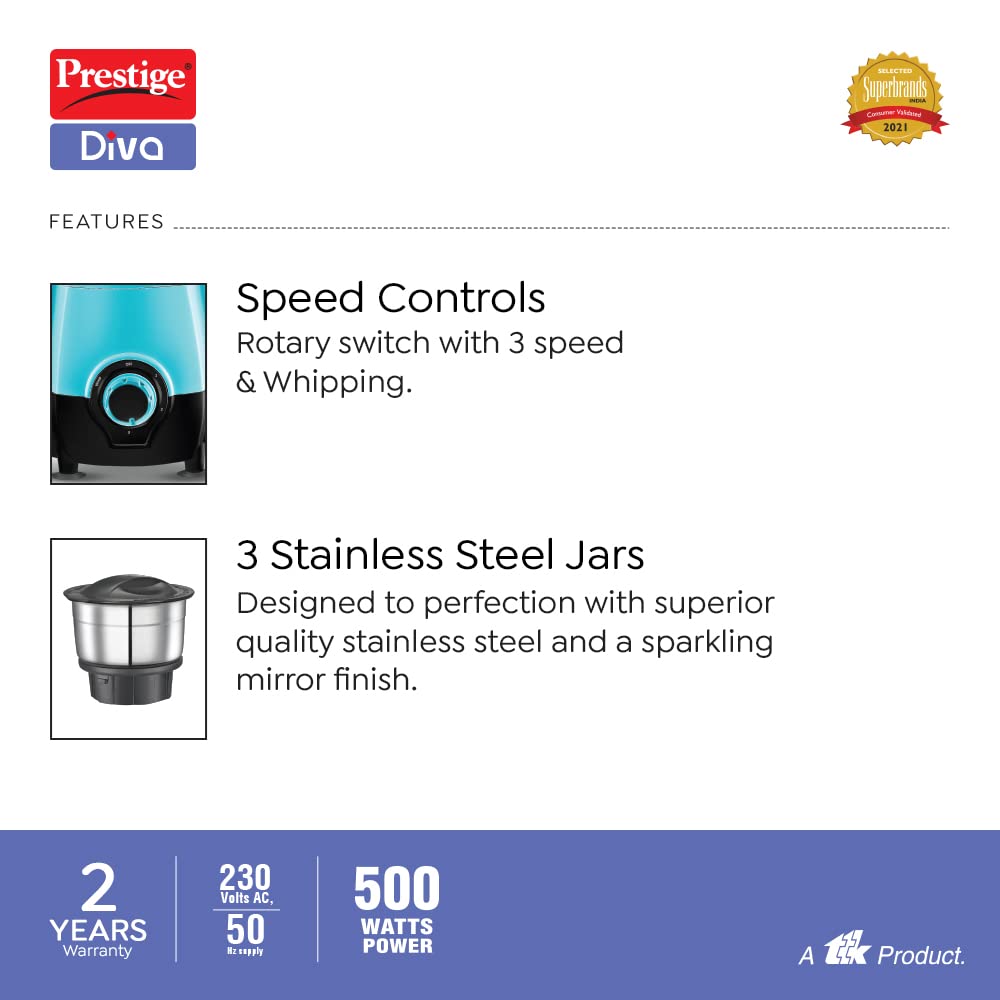 Prestige Diva Mixer Grinder, 500W, 3 Jars