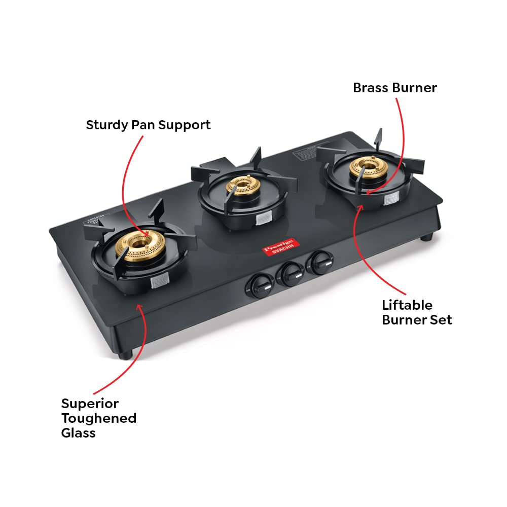 Prestige Svachh Neo GTSN 03 Toughened Glass Top Gas Stove with Liftable Burner Set, 3 Burners
