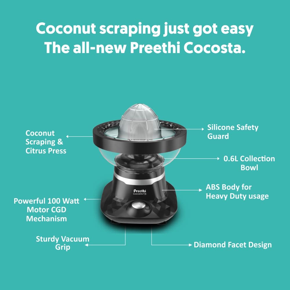 Preethi Cocosta KP-001 Electric Coconut Scrapper and Citrus Juicer, 100W