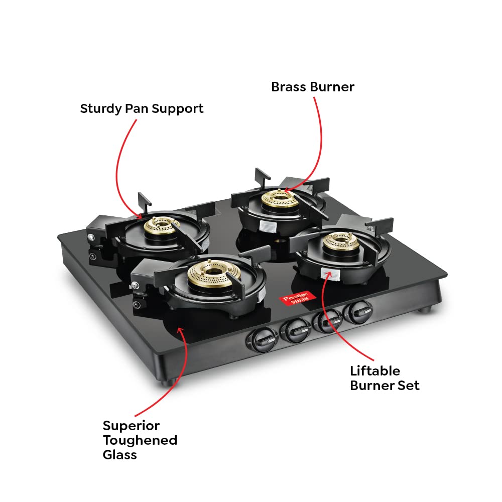 Prestige Svachh Neo GTSN 04 SQ Toughened Glass Top Gas Stove with Liftable Burner Set, 4 Burners Square