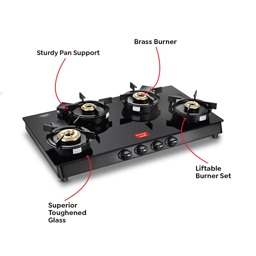 Prestige Svachh Neo GTSN 04L Toughened Glass Top Gas Stove with Liftable Burner Set, 4 Burners Long