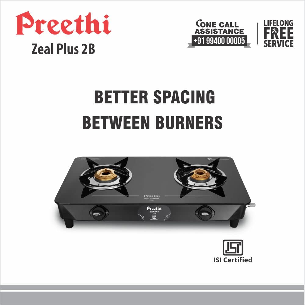 Preethi Blu Flame Zeal Plus GTS-408 Toughened Glass Top Gas Stove, 2 Burner
