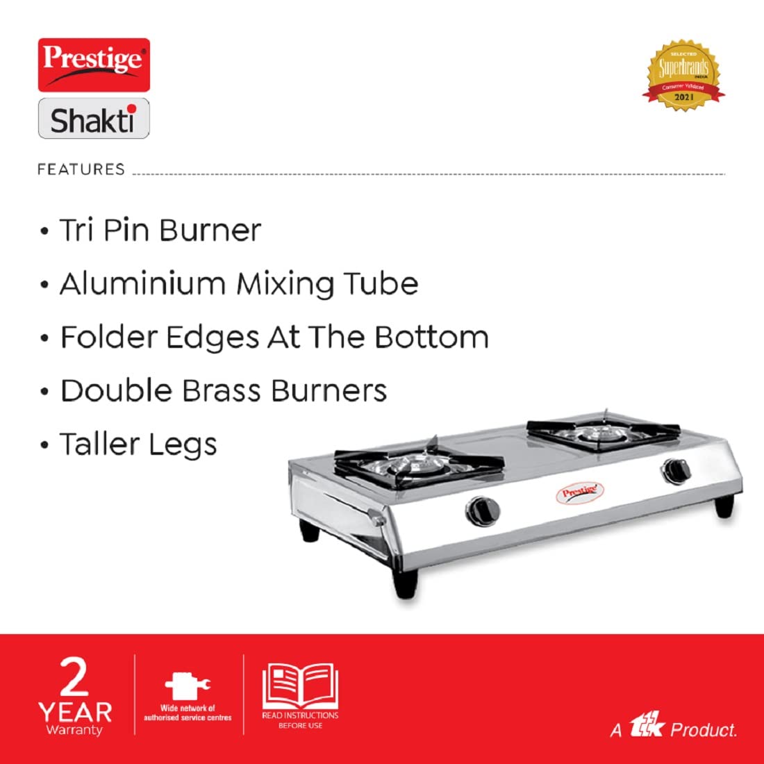 Prestige Shakthi Stainless Steel Gas Stove, 2 Burner
