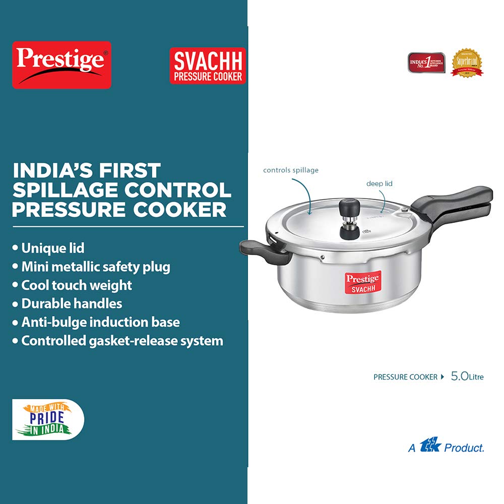 Prestige Svachh Aluminium Induction Base Outer Lid Senior Deep Pressure Cooker Pan, 5 Litres