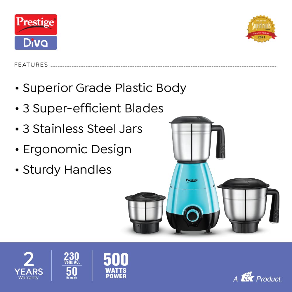 Prestige Diva Mixer Grinder, 500W, 3 Jars