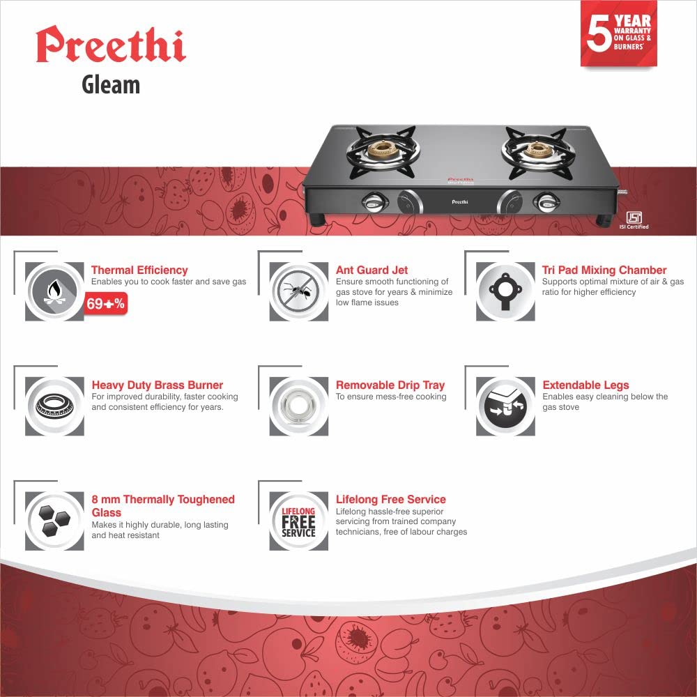 Preethi Blu Flame Gleam GTS-102 Toughened Glass Top Gas Stove, 2 Burner