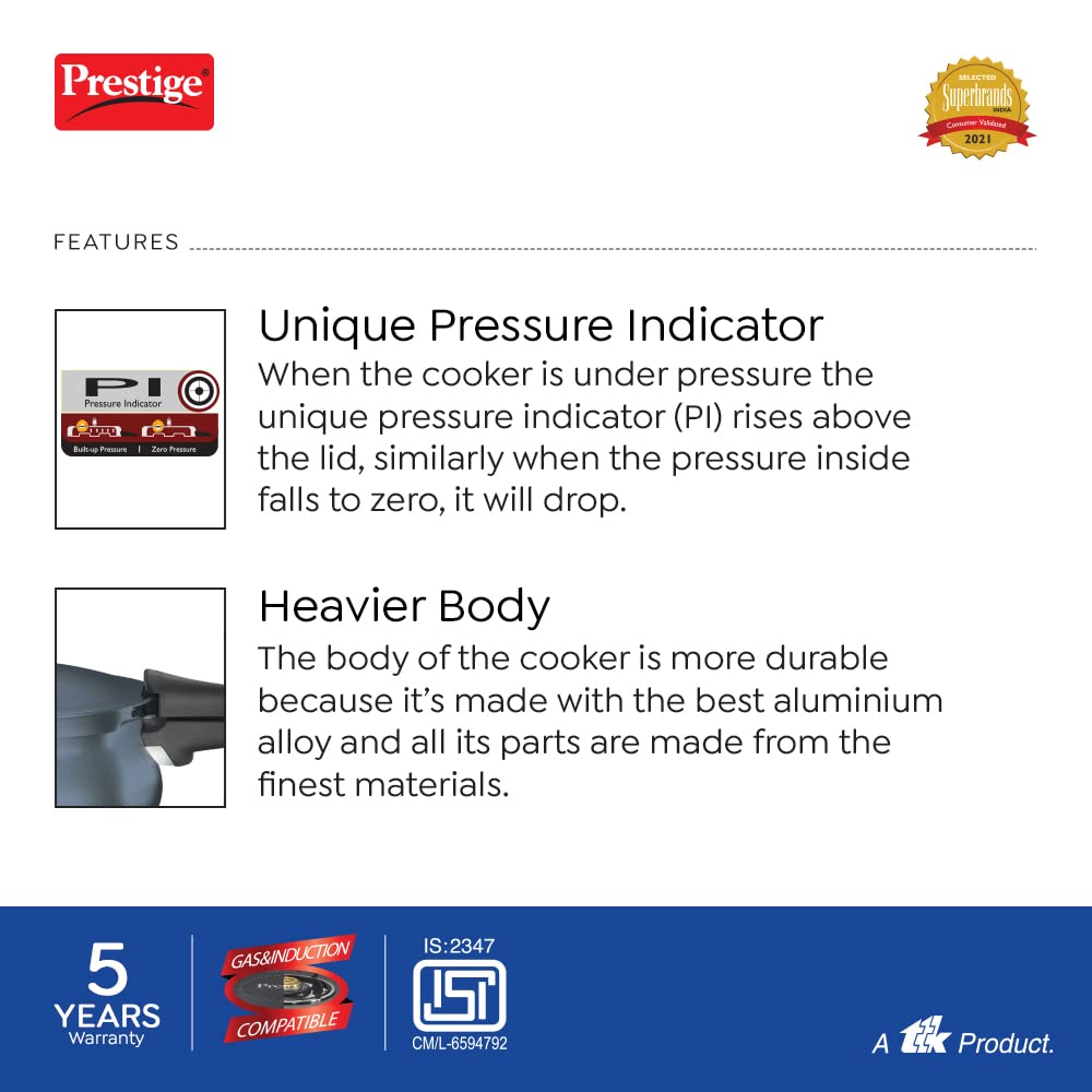 Prestige Deluxe Plus Hard Anodized Induction Base Outer Lid Pressure Cooker Junior Handi, 5 Litres