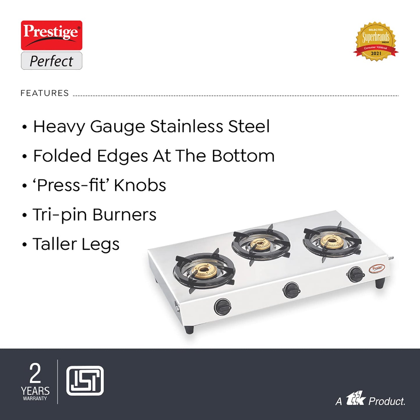 Prestige Perfect Stainless Steel Gas Stove, 3 Burner