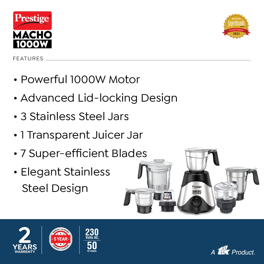 Prestige Macho Mixer Grinder, 1000W, 6 Jars