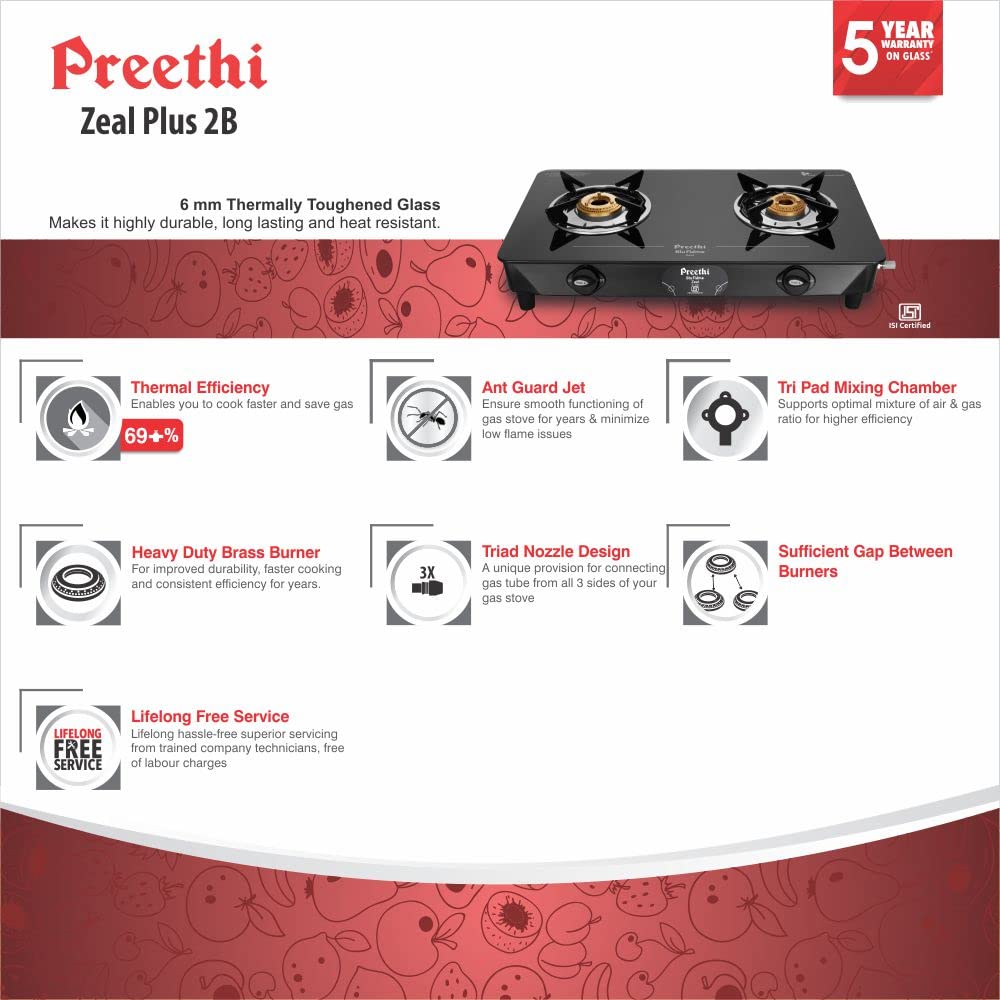 Preethi Blu Flame Zeal Plus GTS-408 Toughened Glass Top Gas Stove, 2 Burner