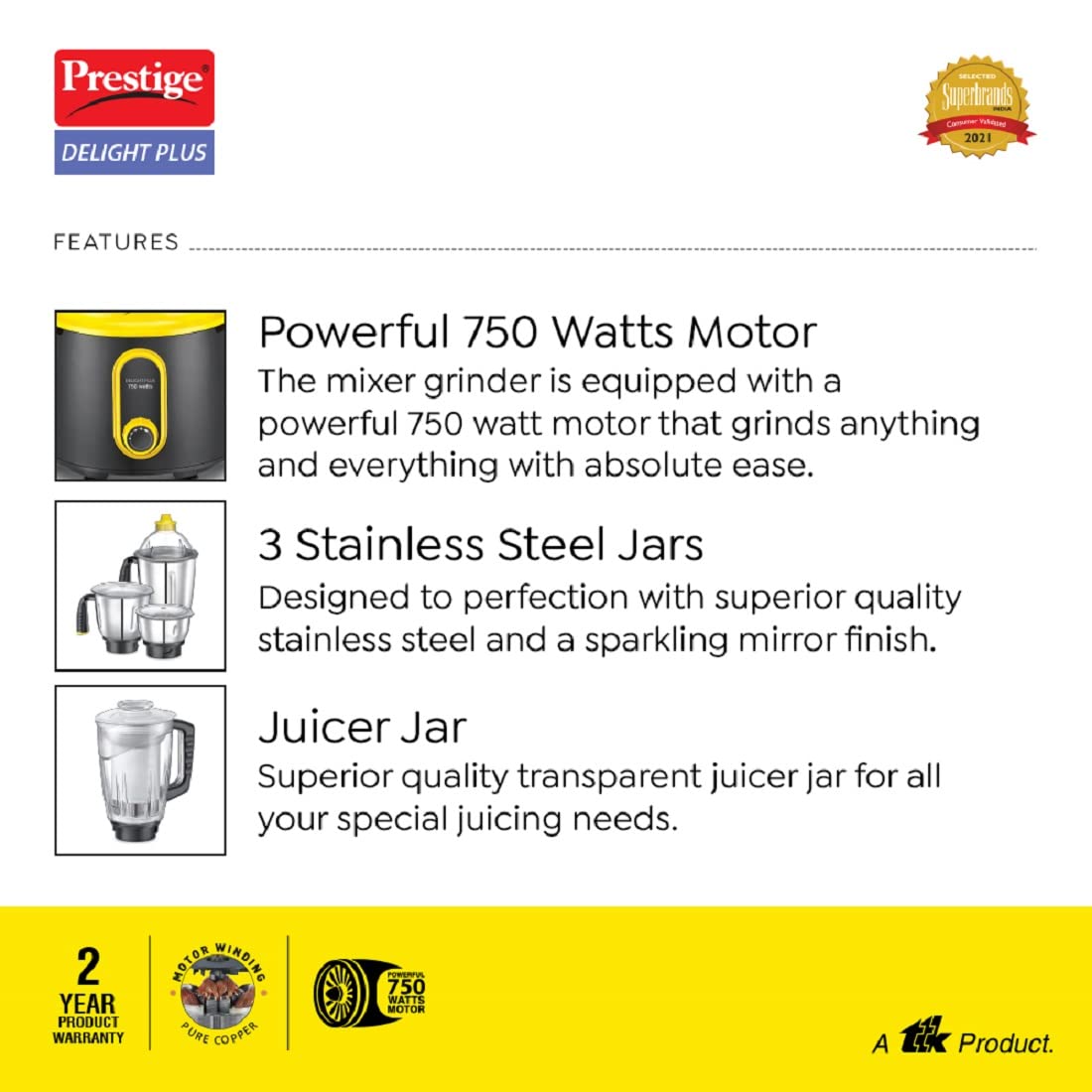 Prestige Delight Plus Mixer Grinder, 750W, 4 Jars