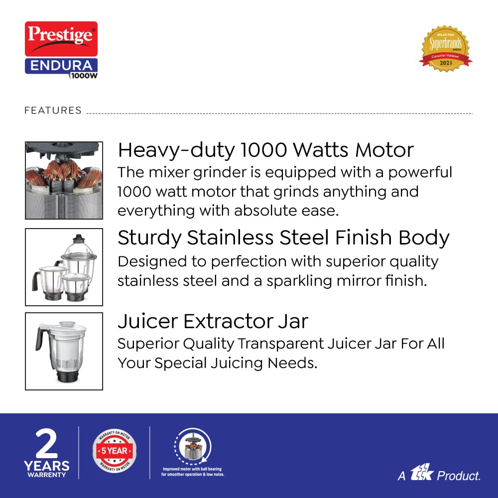 Prestige Endura Mixer Grinder, 1000W, 4 Jars