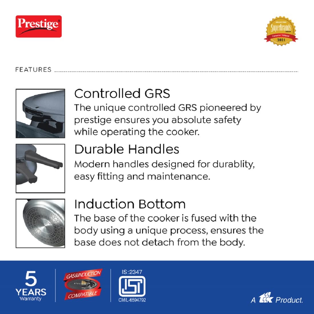 Prestige Deluxe Plus Hard Anodized Induction Base Outer Lid Pressure Cooker Mini Handi, 3 Litres