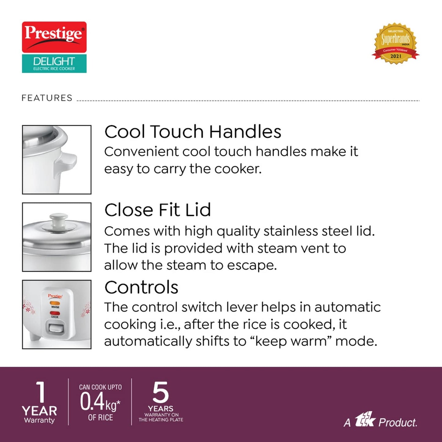 Prestige Delight PRWO 1.0 Electric Rice Cooker, 1 Litre