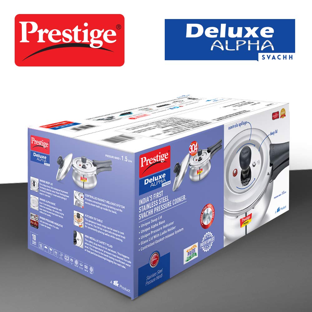 Prestige Deluxe Alpha Svachh Stainless Steel Induction Base Pressure Cooker Handi with Glass Lid, 1.5 Litres