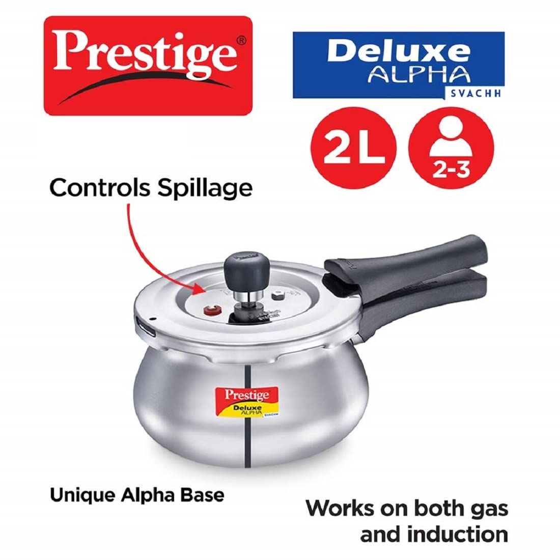 Prestige Deluxe Alpha Svachh Stainless Steel Induction Base Outer Lid Pressure Cooker Handi, 2 Litres