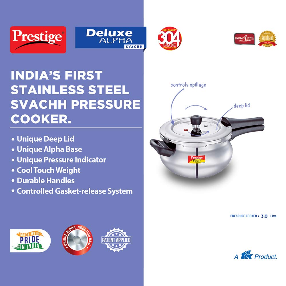 Prestige Deluxe Alpha Svachh Stainless Steel Induction Base Outer Lid Pressure Cooker Handi, 3 Litres