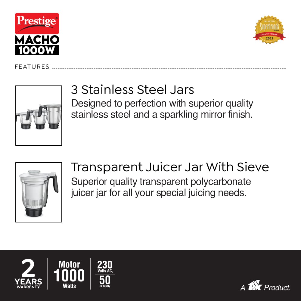 Prestige Macho Mixer Grinder, 1000W, 4 Jars