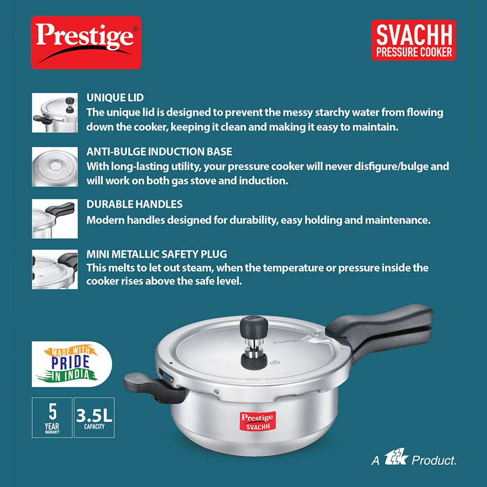 Prestige Svachh Aluminium Induction Base Outer Lid Pressure Cooker Pan, 3.5 Litres