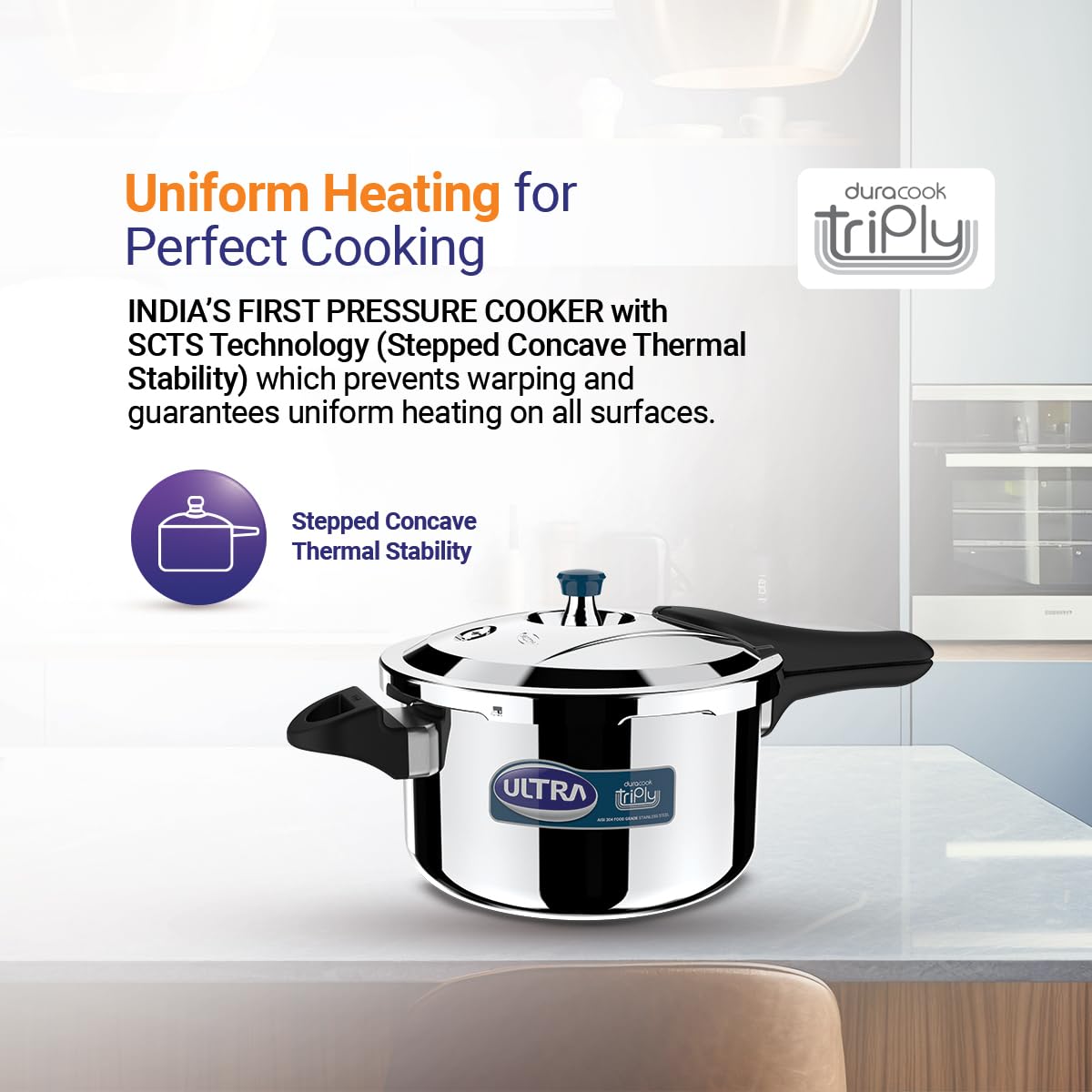 Ultra Duracook Triply Stainless Steel Induction Base Outer Lid Pressure Cooker Pan, 3.5 Litres