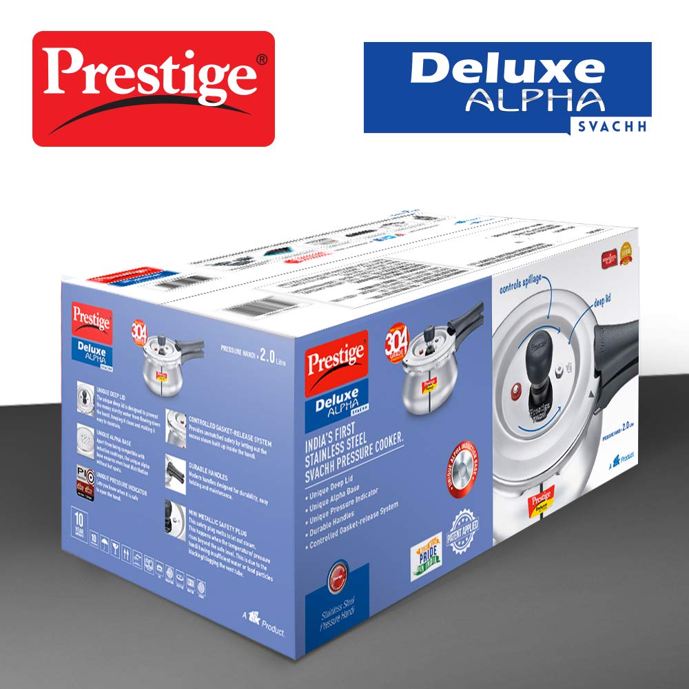Prestige Deluxe Alpha Svachh Stainless Steel Induction Base Outer Lid Pressure Cooker Handi, 2 Litres