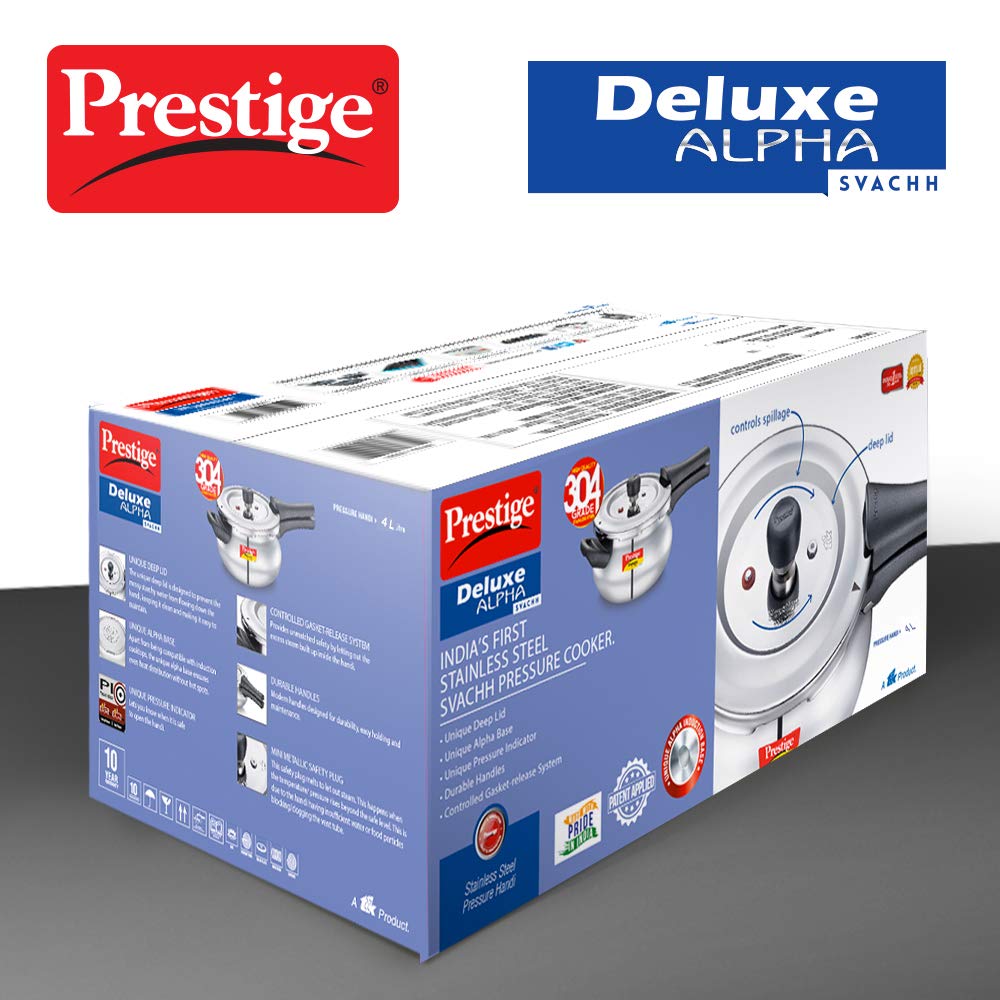 Prestige Deluxe Alpha Svachh Stainless Steel Induction Base Outer Lid Pressure Cooker Junior Handi, 4 Litres
