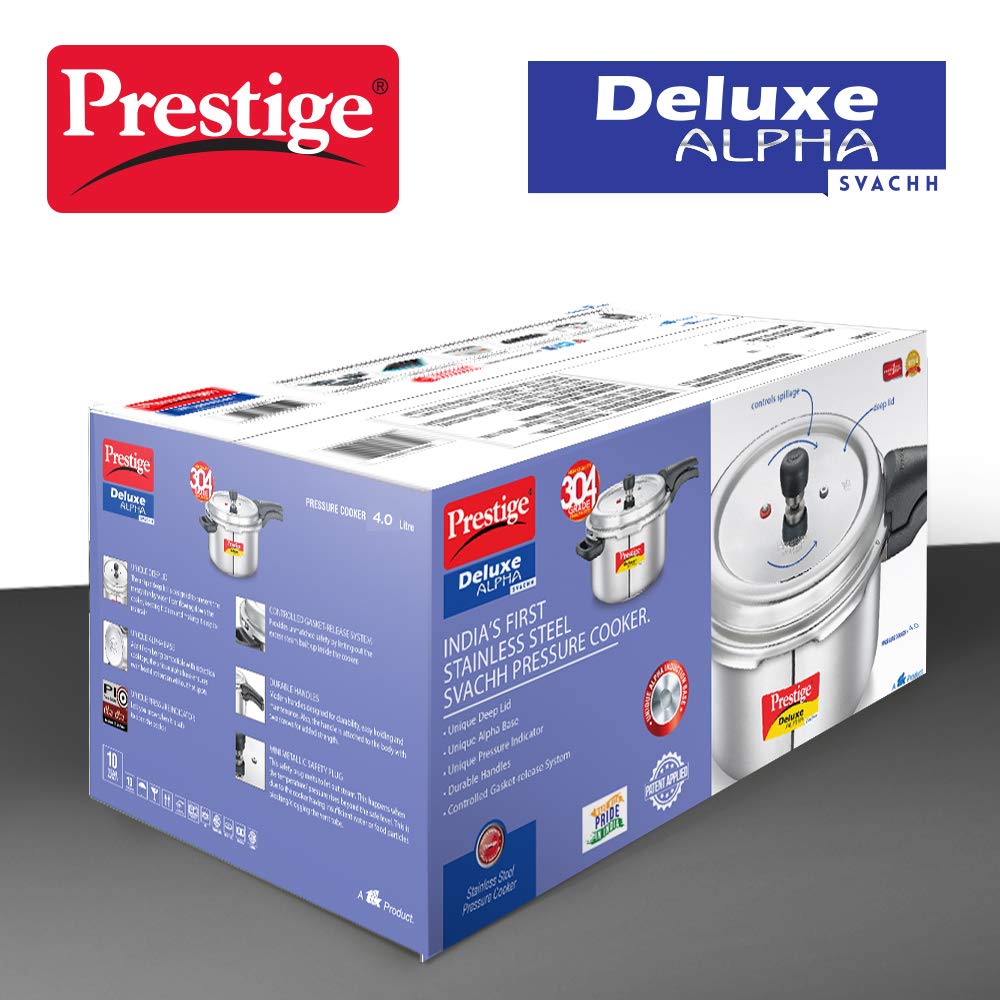 Prestige Deluxe Alpha Svachh Stainless Steel Induction Base Outer Lid Senior Pressure Cooker Pan, 4 Litres