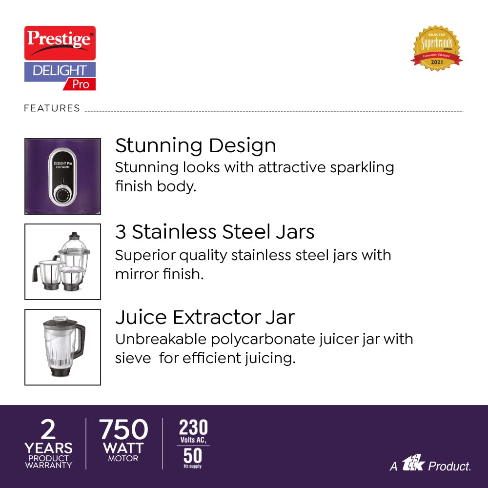 Prestige Delight Pro Mixer Grinder, 750W, 6 Jars