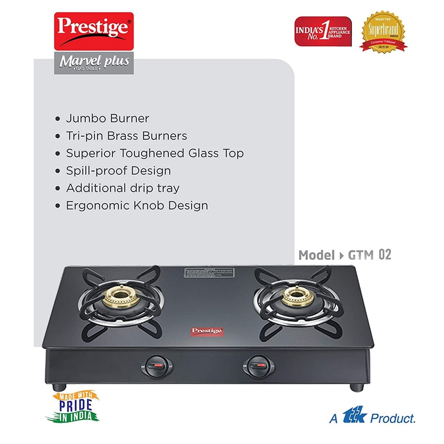 Prestige Marvel Plus GTM 02 Black Toughened Glass Top Gas Stove, 2 Burner