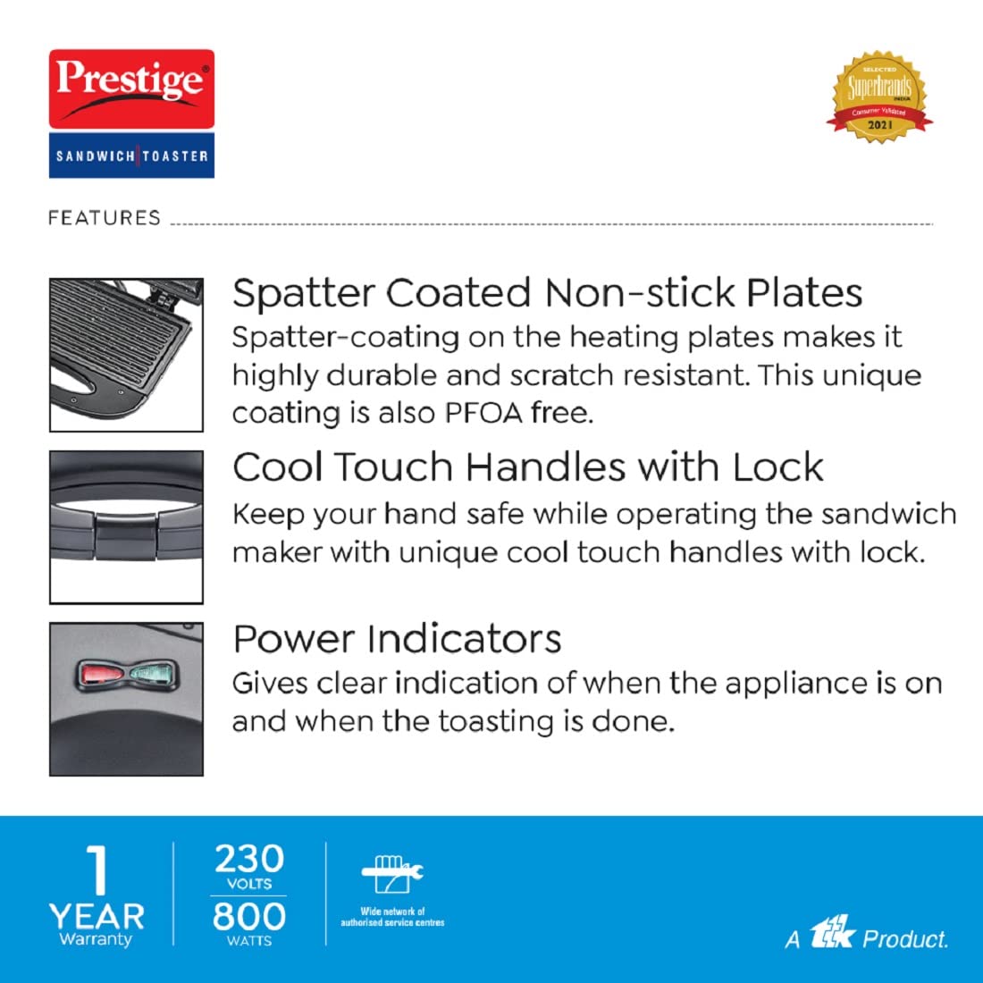 Prestige PGFSP Spatter Coated Sandwich Maker with Fixed Grill Plates, 800W