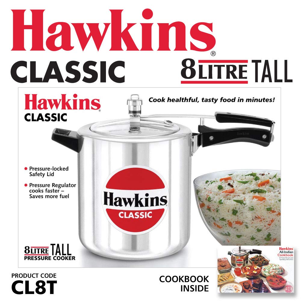 Hawkins Classic Aluminium Non-Induction Base Inner Lid Pressure Cooker, 8 Litres Tall