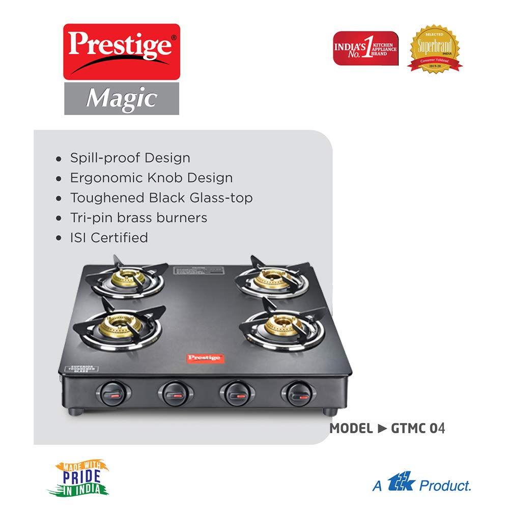 Prestige Magic GTMC 04 SQ Toughened Glass Top Gas Stove, 4 Burner