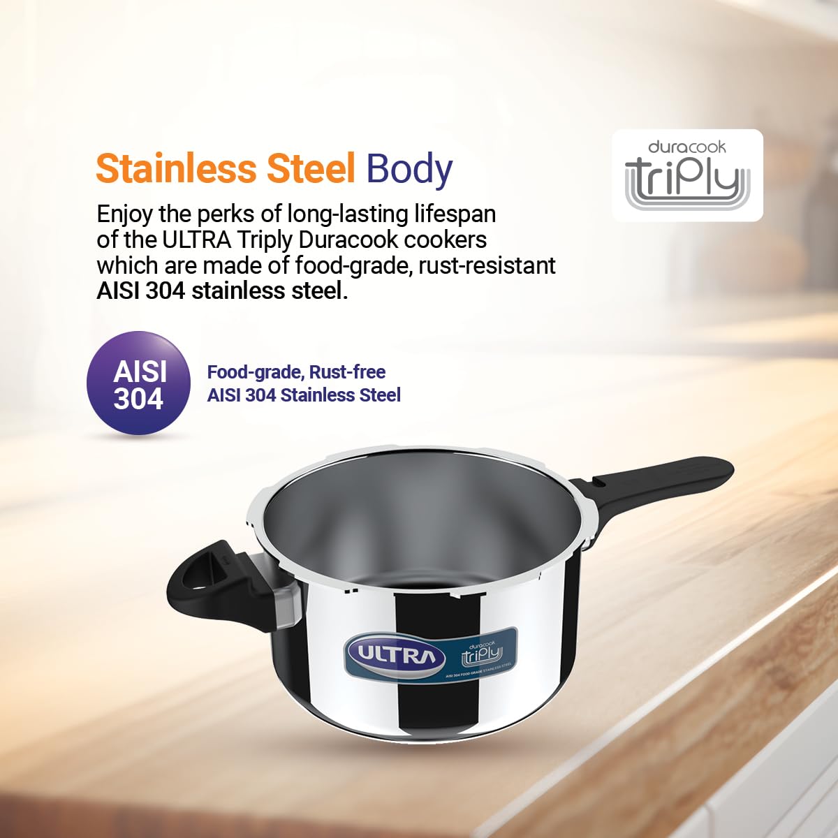 Ultra Duracook Triply Stainless Steel Induction Base Outer Lid Pressure Cooker, 5.5 Litres