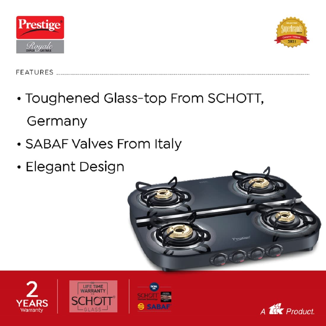 Prestige Royale Duplex DGT 04 Schott Glass Top Gas Stove, 4 Burner