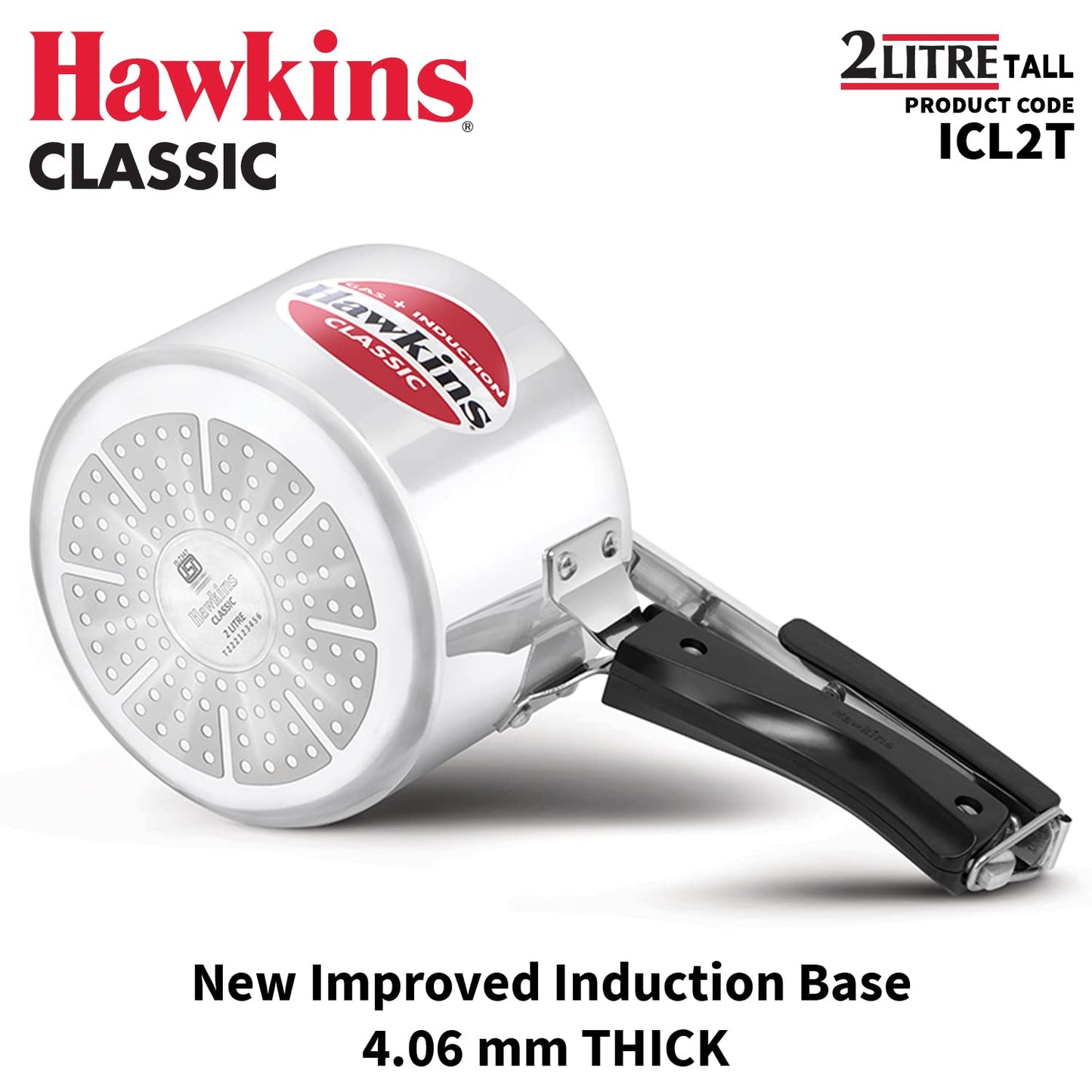 Hawkins Classic Aluminium Induction Base Inner Lid Pressure Cooker, 2 Litres Tall