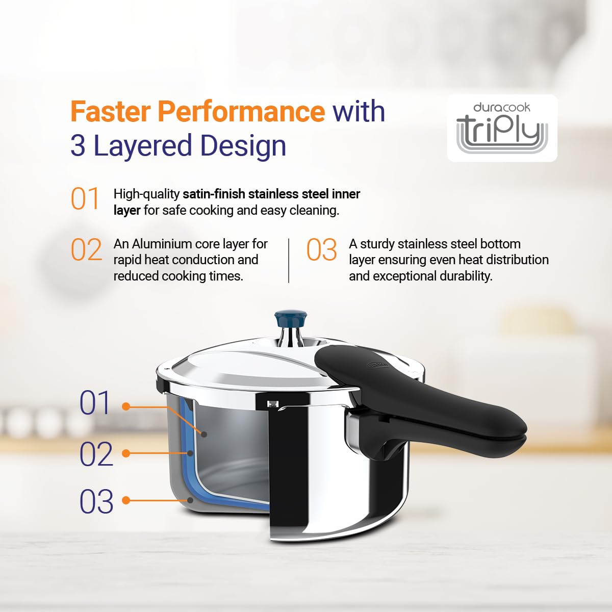 Ultra Duracook Triply Stainless Steel Induction Base Outer Lid Pressure Cooker, 5.5 Litres