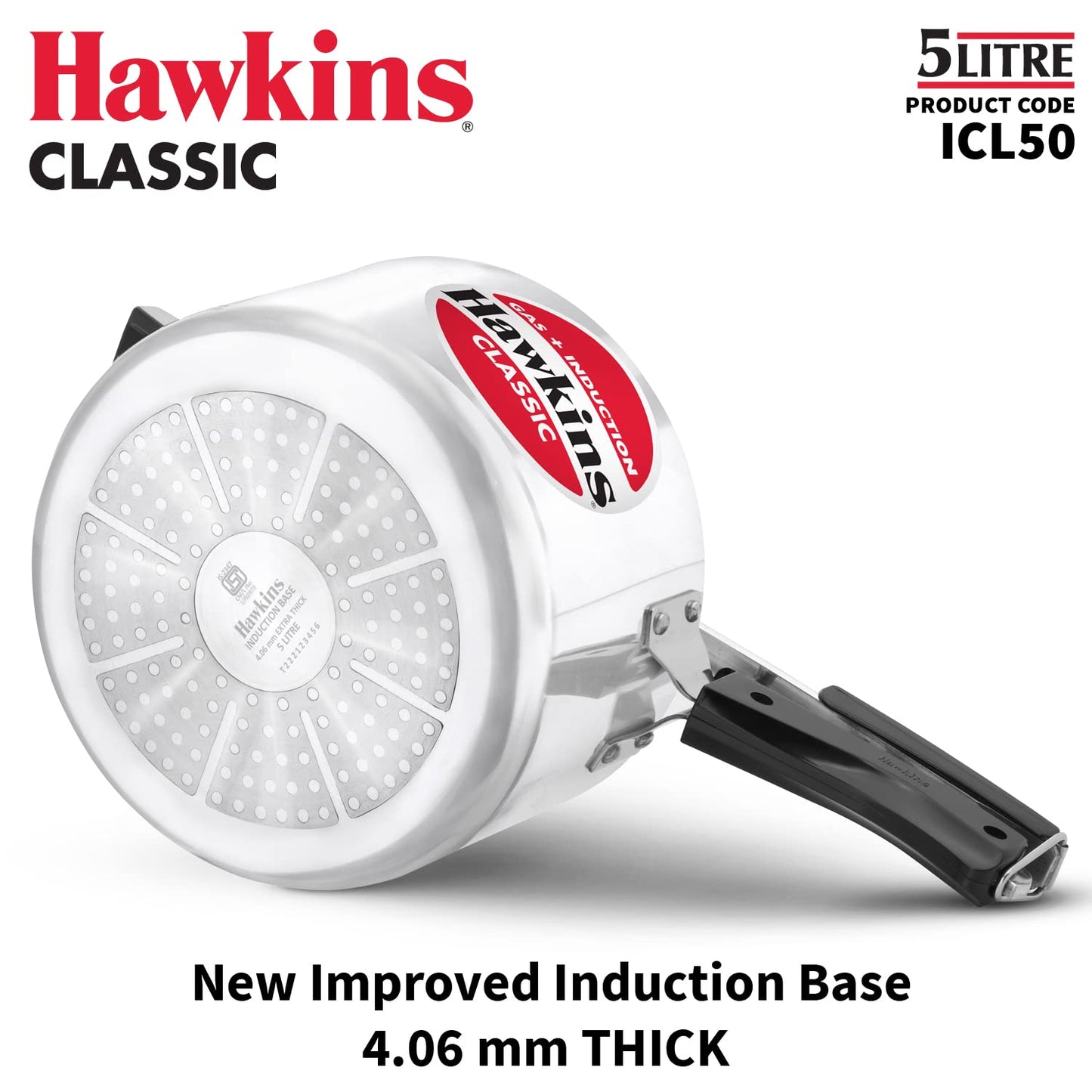 Hawkins Classic Aluminium Induction Base Inner Lid Pressure Cooker, 5 Litres