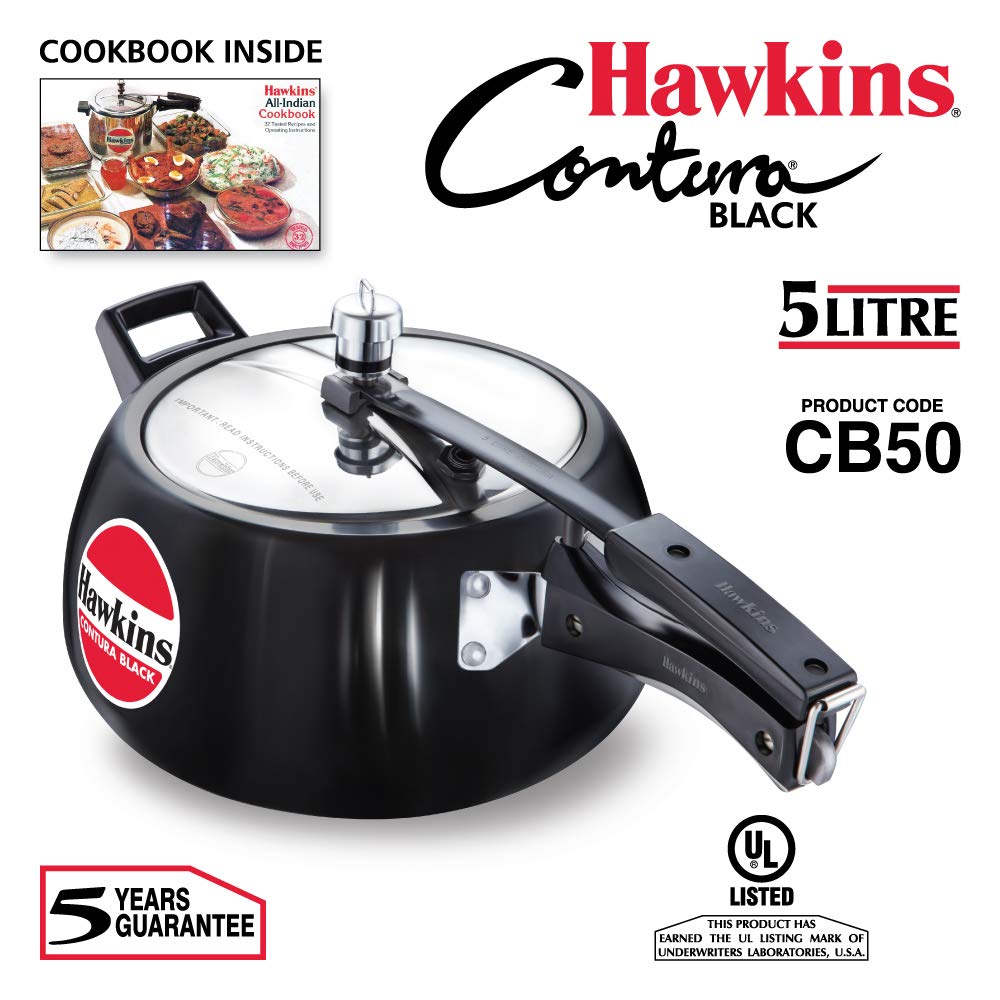 Hawkins Contura Black Hard Anodised Aluminium Non-Induction Base Inner Lid Pressure Cooker, 5 Litres