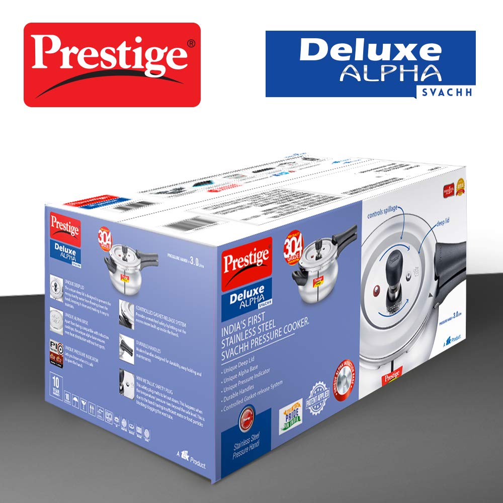 Prestige Deluxe Alpha Svachh Stainless Steel Induction Base Outer Lid Pressure Cooker Handi, 3 Litres